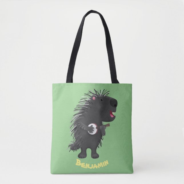 Cute funny porcupine playing banjo cartoon tote bag (Front)