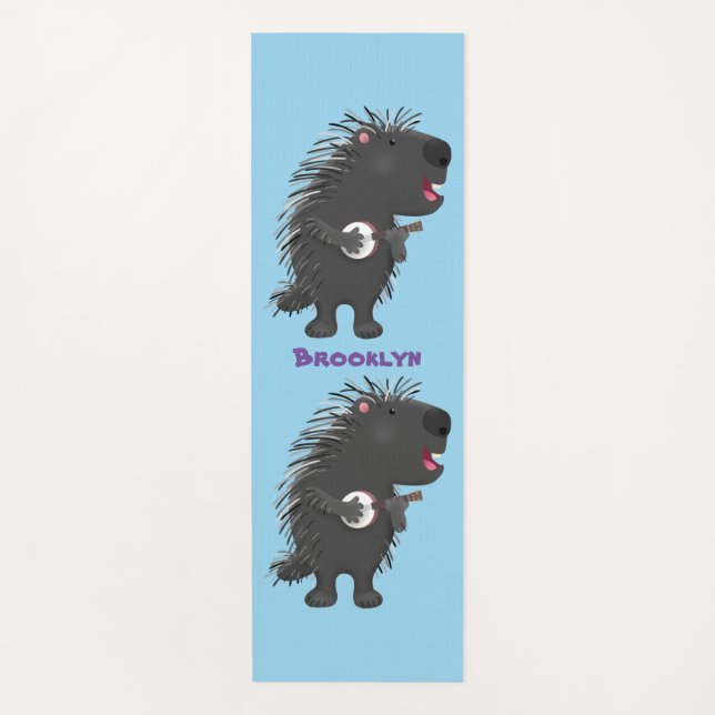 Cute funny porcupine playing banjo cartoon yoga mat (Front)