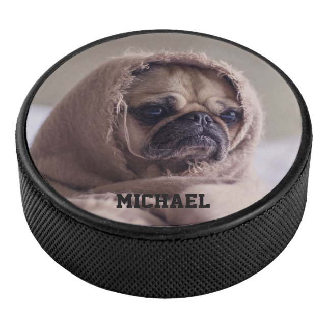 Cute & Funny Pug custom name hockey puck (3/4)