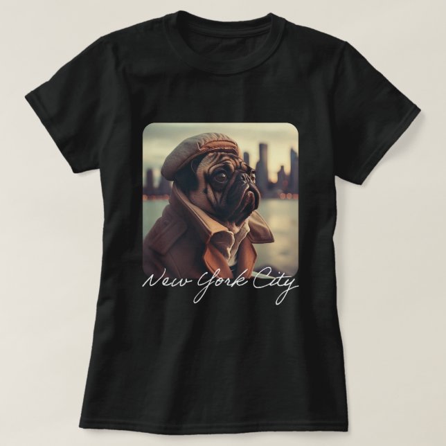 Cute Funny Pug Photo New York City Travel T-Shirt (Design Front)