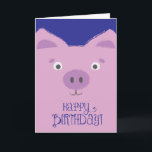 Cute, Funny Purple Pig Birthday Card<br><div class="desc">Cute,  simple purple pig illustration with blue background and charming "Happy Birthday" text.</div>