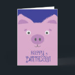Cute, Funny Purple Pig Birthday Card<br><div class="desc">Cute,  simple purple pig illustration with blue background and charming "Happy Birthday" text.</div>
