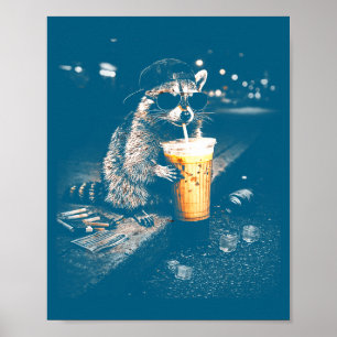 Cute Funny Raccoon Drinking Iced Coffee Poster