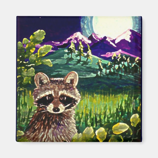 Cute Funny Racoon Moon Mountains Creationarts LRA Magnet (Front)