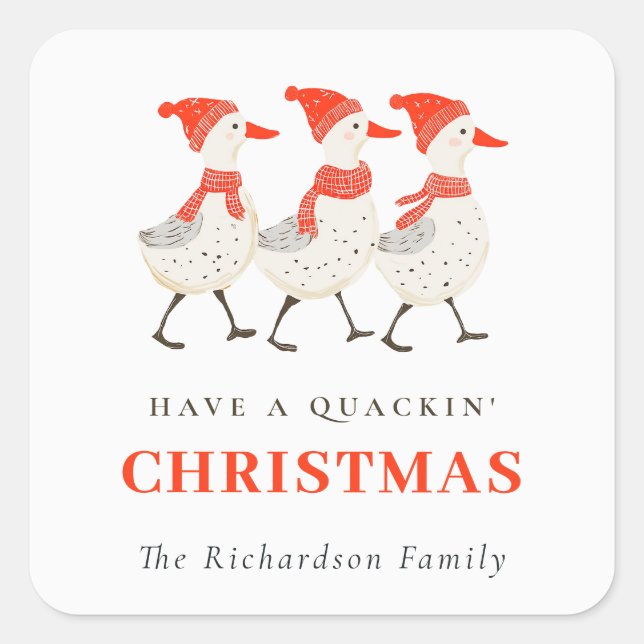 Cute Funny Red Winter Quacking Christmas Ducks  Square Sticker (Front)