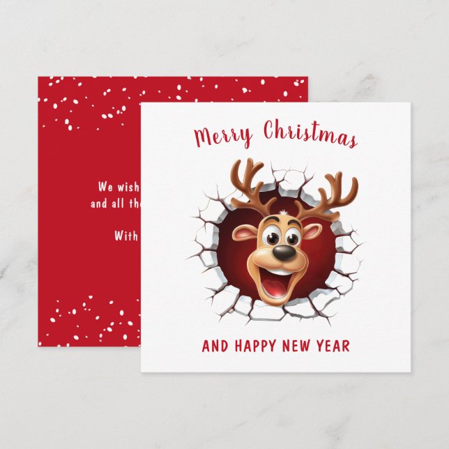 Cute Funny Reindeer breaking through Christmas Card (Front/Back)