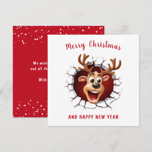 Cute Funny Reindeer breaking through Christmas Card