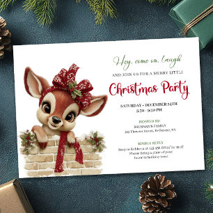 Cute Funny Reindeer Cartoon Watercolor Holiday  Invitation