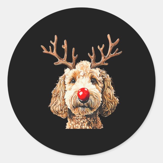 Cute Funny Reindeer Santa Goldendoodle Christmas T Classic Round Sticker (Front)