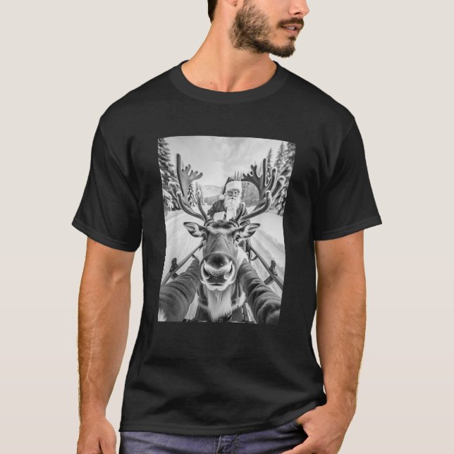 Cute Funny Reindeer Selfie With Santa Clause Merry T-Shirt (Front)
