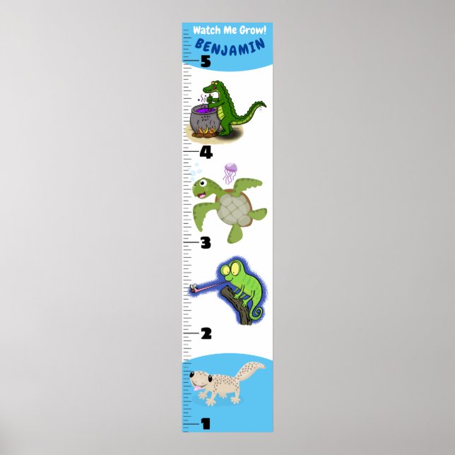 Cute funny reptiles animals cartoon growth chart (Front)