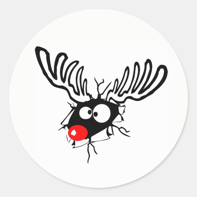 Cute funny Rudolph the red nosed Christmas cartoon Classic Round Sticker (Front)