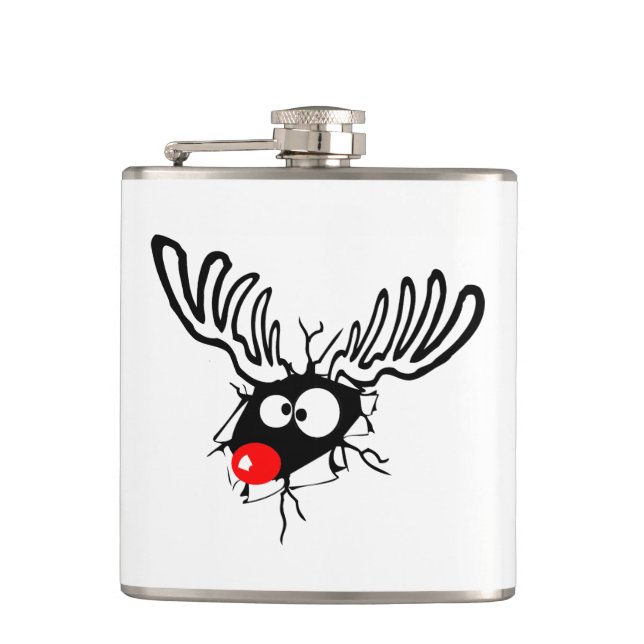 Cute funny Rudolph the red nosed Christmas cartoon Hip Flask (Front)