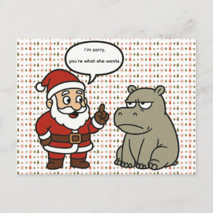 cute, funny Santa and Hippo Christmas Holiday Postcard
