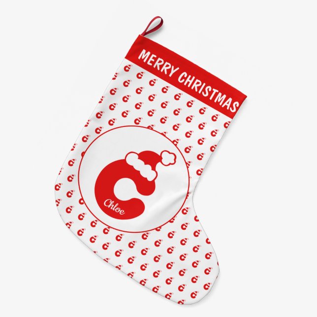 Cute Funny Santa Claus Hat Pattern Monogrammed C Large Christmas Stocking (Front (Hanging))