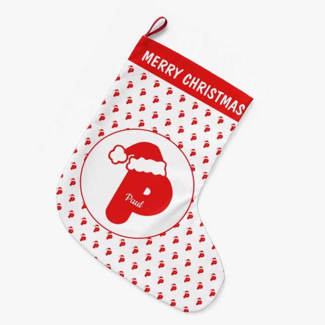 Cute Funny Santa Claus Hat Pattern Monogrammed P Large Christmas Stocking (Front (Hanging))