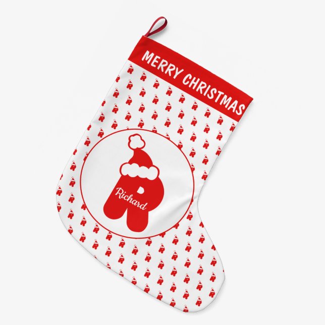 Cute Funny Santa Claus Hat Pattern Monogrammed R Large Christmas Stocking (Front (Hanging))