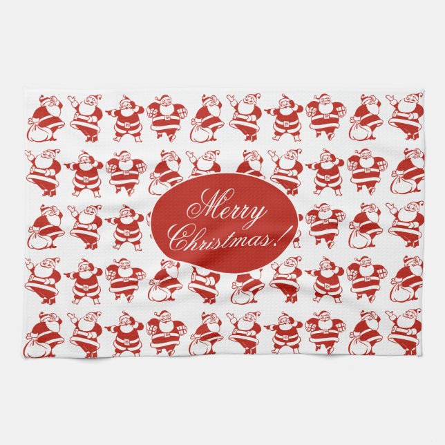 Cute Funny Santa Claus Red and White Christmas Tea Towel (Horizontal)