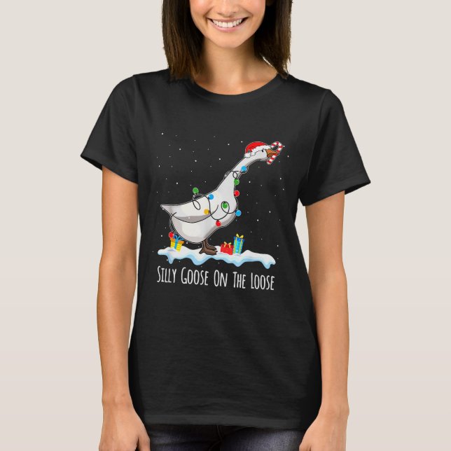 Cute Funny Santa Duck Silly Goose On The Loose Chr T-Shirt (Front)