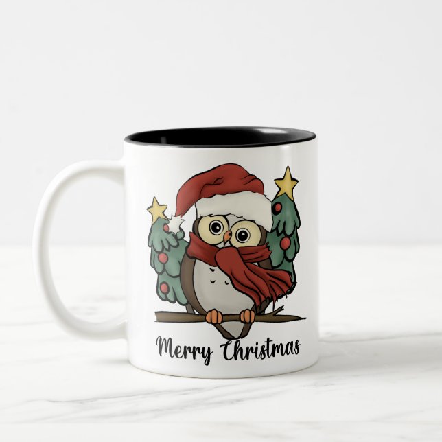 Cute Funny Santa Owl Christmas Two-Tone Coffee Mug (Left)