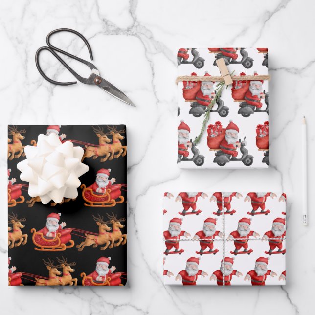 Cute Funny Santa Reindeer Skateboard Scooter Wrapping Paper Sheet (Front)