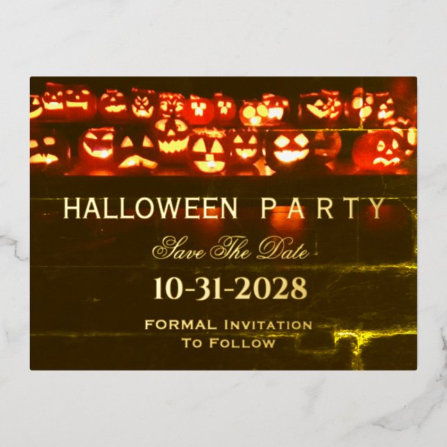 Cute Funny Scary Pumpkins Jack O'Lantern Halloween Foil Holiday Postcard (Front)