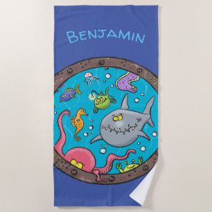 Cute funny sea creatures cartoon illustration beach towel
