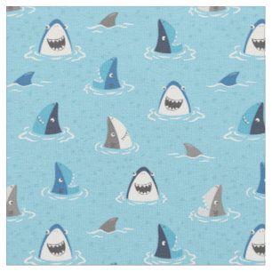Cute funny sharks and fins on light blue fabric