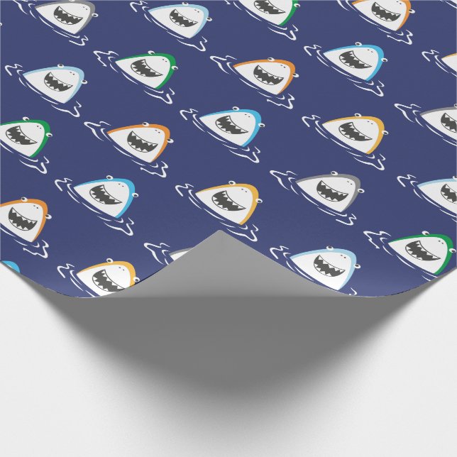 Cute funny Sharks in bright colours on navy blue Wrapping Paper (Corner)