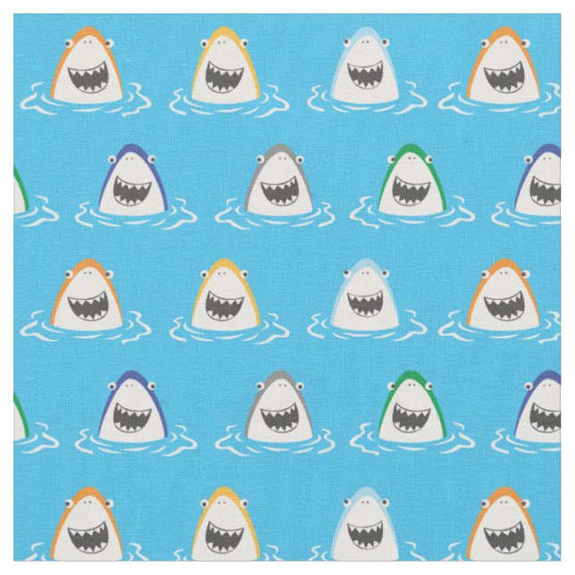 Cute funny sharks on aqua blue fabric (Close Up)