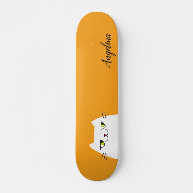 Cute Funny Simple White Cat Yellow Monogram Skateboard (Front)
