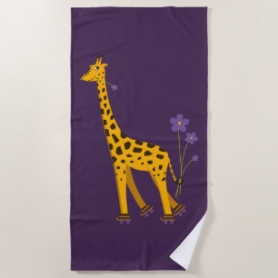 Cute Funny Skating Cartoon Giraffe Beach Towel