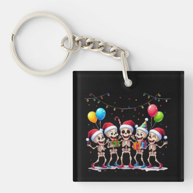 Cute Funny Skeletons Christmas & New Year Celebrat Key Ring (Front)
