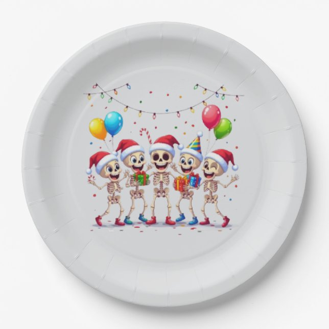 Cute Funny Skeletons Christmas & New Year Celebrat Paper Plate (Front)