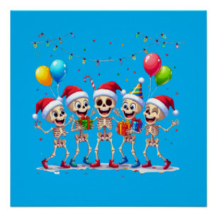 Cute Funny Skeletons Christmas & New Year Celebrat Poster