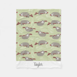 Cute Funny Sloth Hanging in Tree Custom Name Text Fleece Blanket