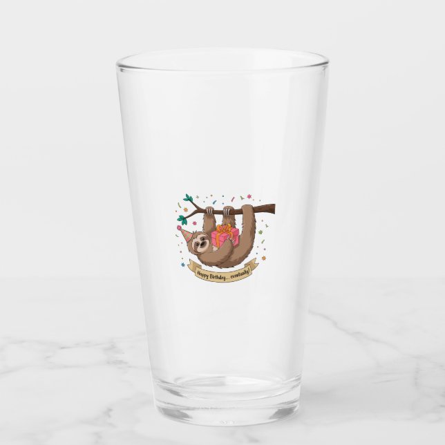 Cute Funny Sloth Happy Birthday Glass (Front)