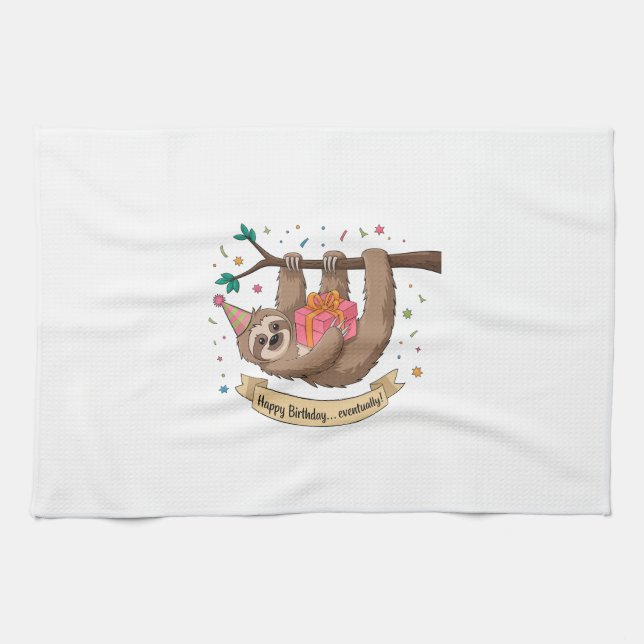 Cute Funny Sloth Happy Birthday Tea Towel (Horizontal)