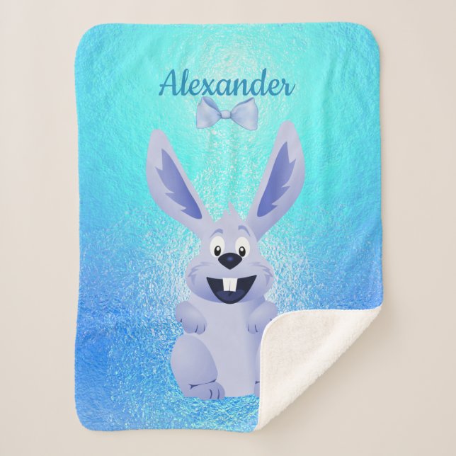 Cute Funny Smiling Bunny Name Personalise Sherpa Blanket (Front)