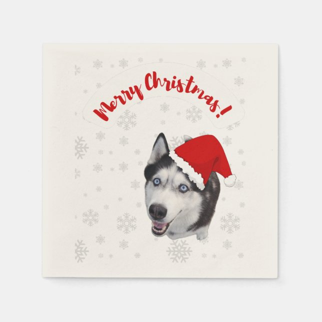 Cute funny smiling Husky in Santa Claus red hat Napkin (Front)