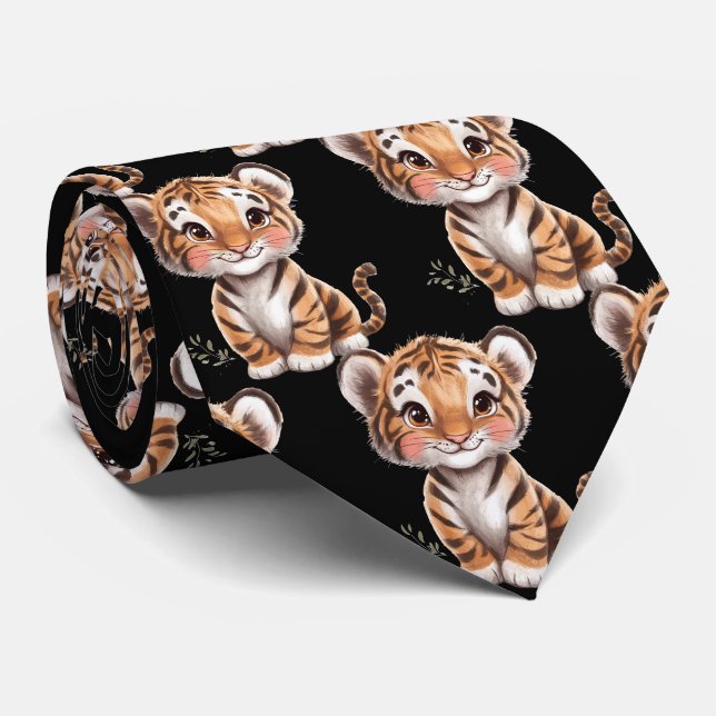 Cute Funny Smiling Tiger Black Neck Tie (Rolled)