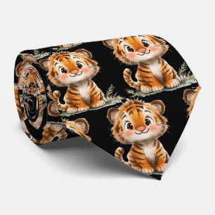 Cute Funny Smiling Tiger Black Neck Tie