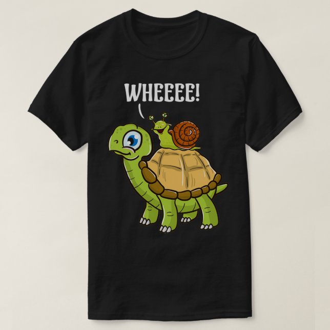 Cute Funny Snail Riding on Turtle Yelling Wheee T-Shirt (Design Front)