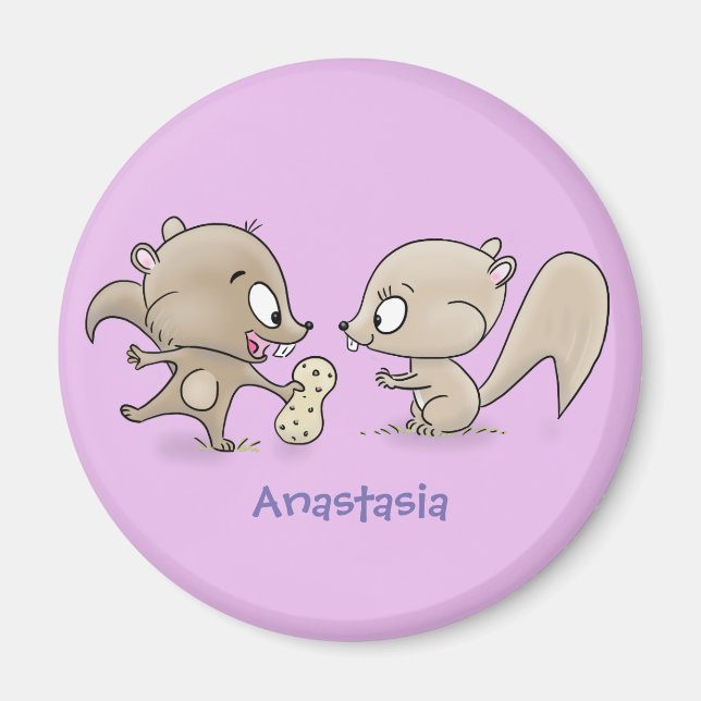 Cute funny squirrels cartoon illustration magnet (Front)