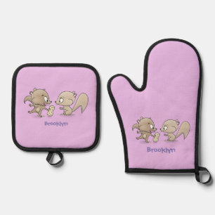 Cute funny squirrels cartoon illustration oven mitt & pot holder set