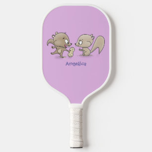Cute funny squirrels cartoon illustration pickleball paddle