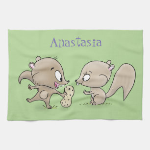Cute funny squirrels cartoon illustration tea towel