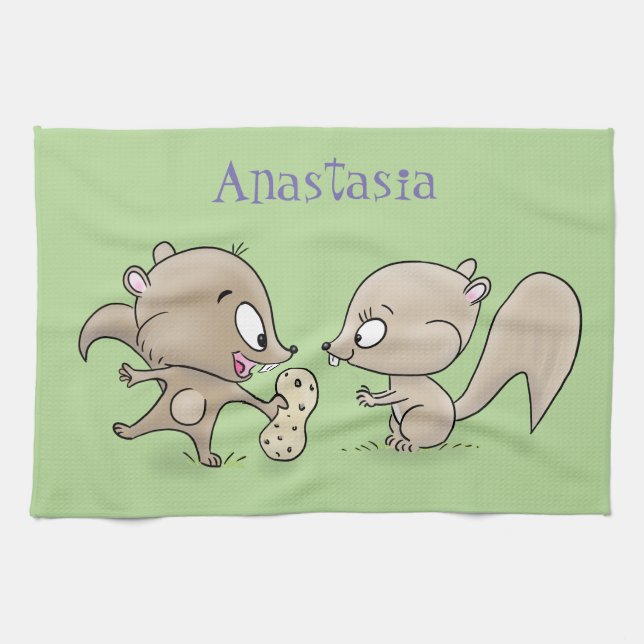 Cute funny squirrels cartoon illustration tea towel (Horizontal)