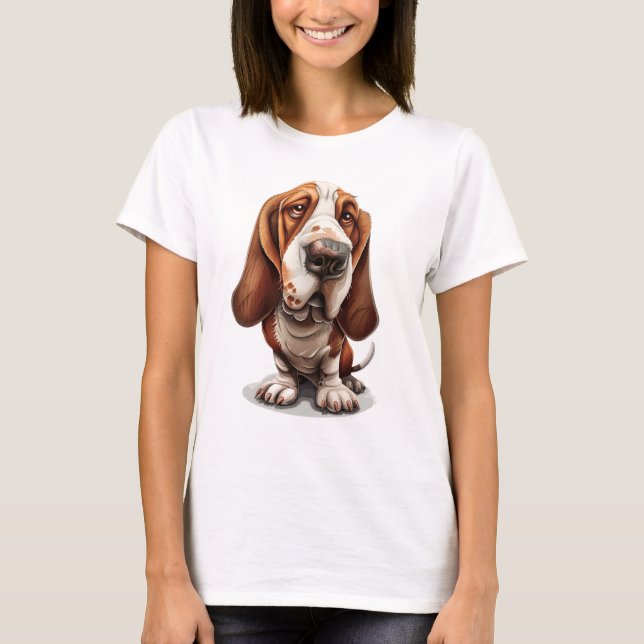 Cute Funny Stylish Cartoon Caricature Of A Basset T-Shirt (Front)