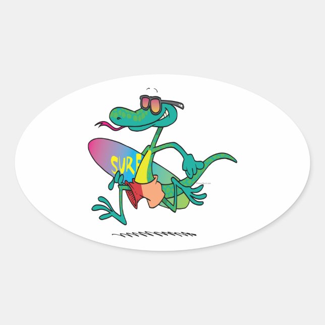 cute funny surfer beach lizard cartoon oval sticker (Front)